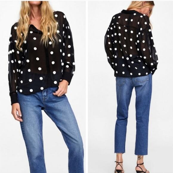 Zara Black Button Up Embroidered Pom Pom Polka Dot Collared Dolman Sleeve Top XS - Picture 2 of 14